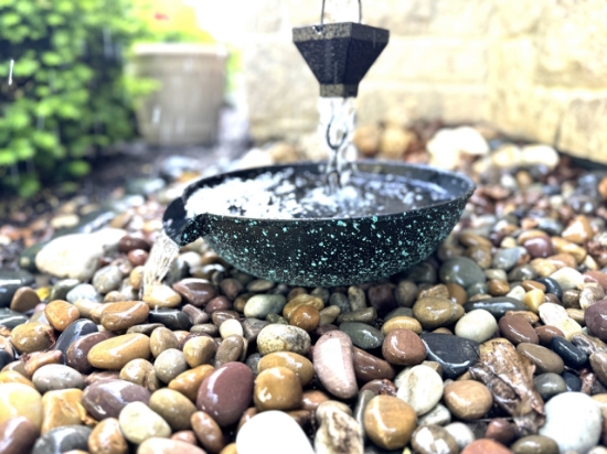 Picture of U-nitt 12" Rain Chain Anchoring Basin / Spill Bowl / Dish: with Attachment Chain, Black with Blue Patina, Flat Scupper V2, #972FPA-V2