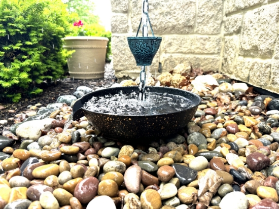 Picture of U-nitt 12" Rain Chain Anchoring Basin / Spill Bowl / Dish: with Attachment Chain, Black with Golden Spray on the Outside, Flat Scupper V2, #972FGD-V2