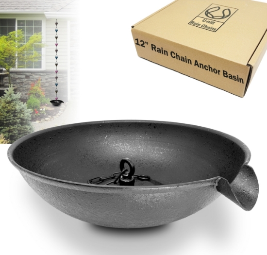 Picture of U-nitt 12" Rain Chain Anchoring Basin / Spill Bowl / Dish: with Attachment Chain, Black, #972BBLK