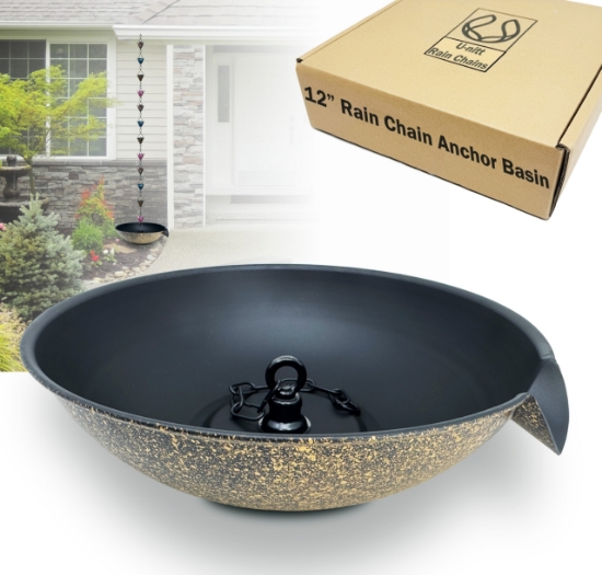 Picture of U-nitt 12" Rain Chain Anchoring Basin / Spill Bowl / Dish: with Attachment Chain, Black with Gold, #972GD